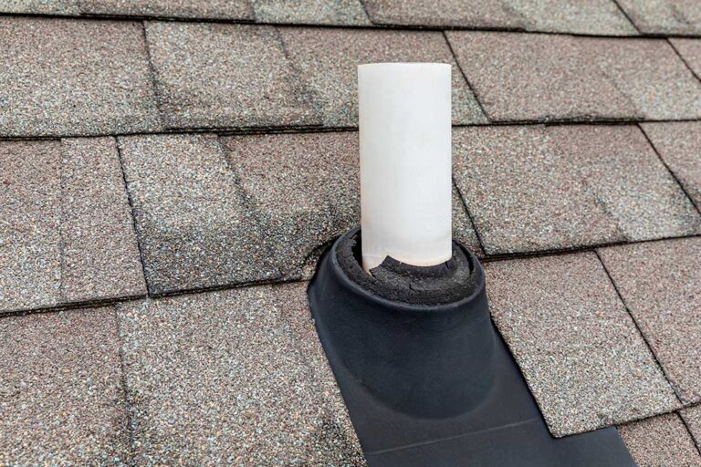 A homeowner uses a roof rake from the ground to clear leaves from a shingled roof.