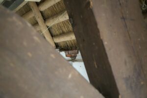 A homeowner examines a ceiling water stain beneath a visibly damaged roof after heavy rain.